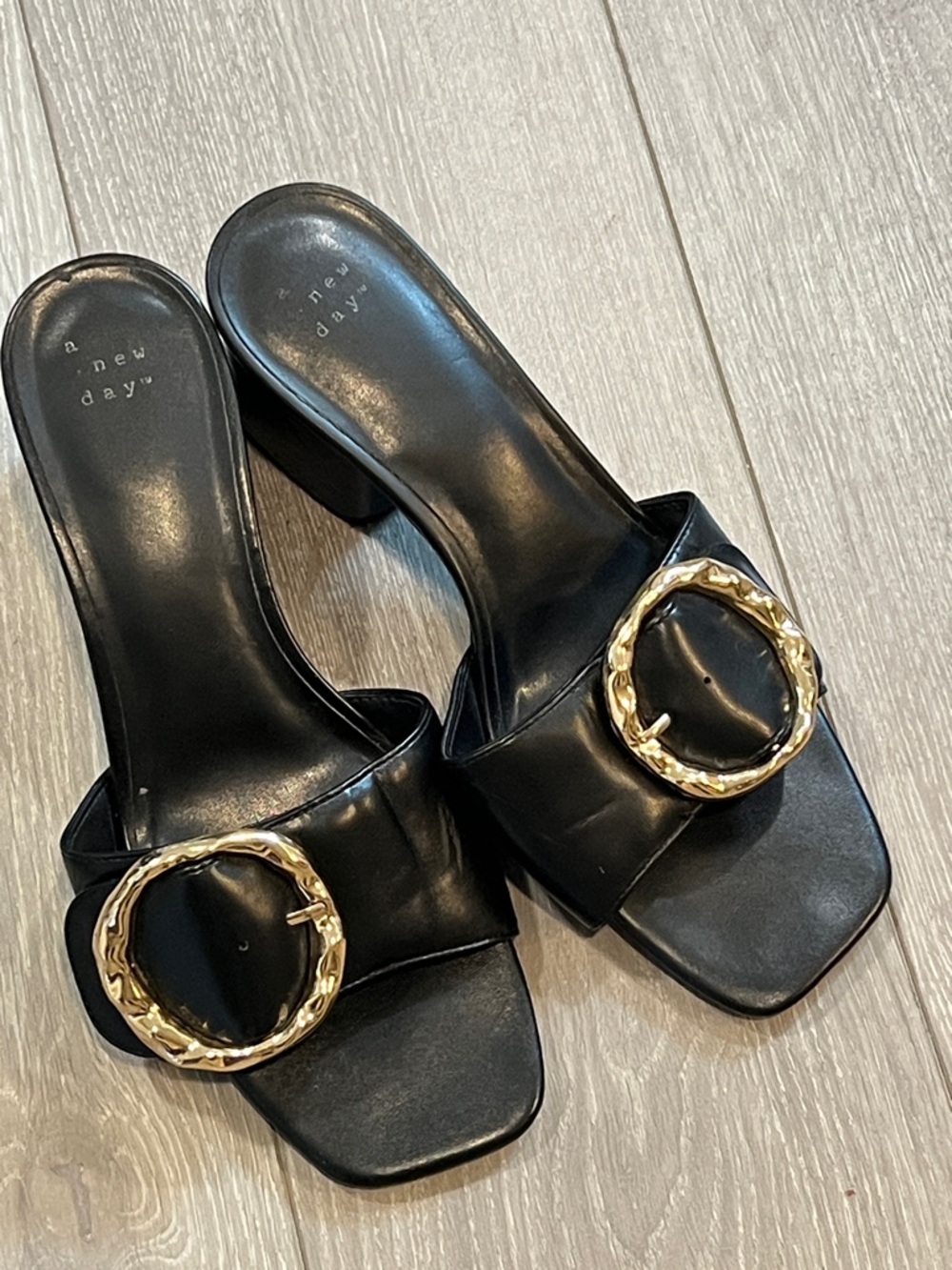 a new day Black Slide Mules with Gold Rope Buckles